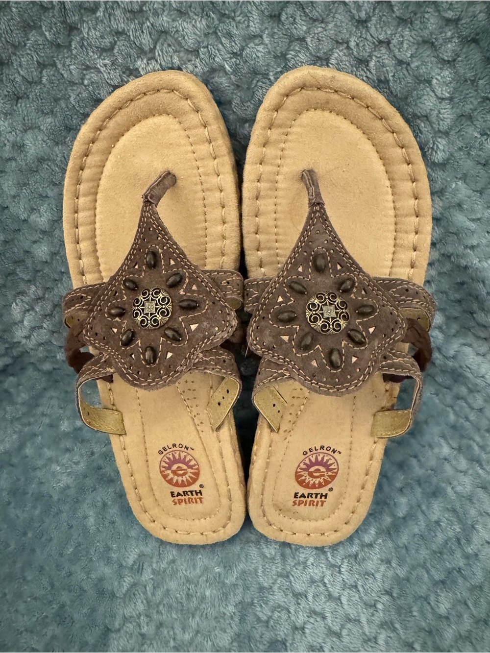 Earth Spirit Taupe Brown Laser-Cut Thong Sandals with Medallion Accent - Picture 2 of 5
